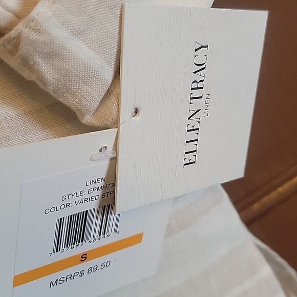 Ellen Tracy-Linen beige/white striped collared top with v-neck. Small. NWT. - Picture 6 of 8